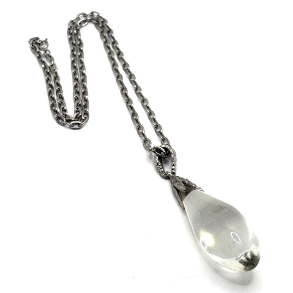 Vintage Clear Lucite Teardrop Pendant Necklace Silver Tone Statement 1970s 24"